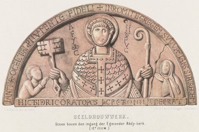 Tympaan van Egmond: bęben smyczkowy z Petrusem, hrabią Dirk VI z Holandii i jego matką hrabiną Petronellą, ok. 1120 Rzeźba. Kamień nad wejściem do kościoła Egmonder Abdy (XII w.) (tytuł na obiekcie) autorstwa David van der Kellen
