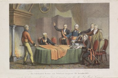 Przyjęcie Wysokiego Panowania przez Triumwirat w imieniu Księcia Orańskiego, 21 listopada 1813 r. Przywróć holenderski rząd do Holandii. (20 listopada 1813) (tytuł na obiekcie) autorstwa David van der Kellen