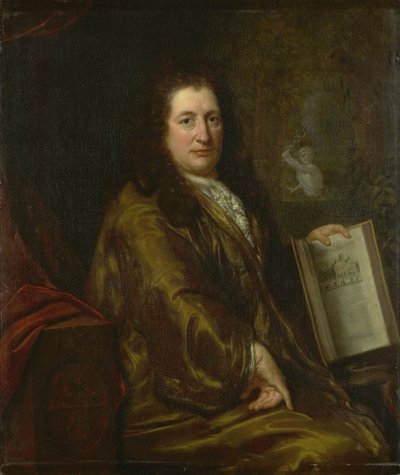 Portret Caspara Commelina, księgarza, wydawcy gazet i autora oficjalnej historii Amsterdamu „Beschrijvinghe van Amsterdam” z 1693 r. autorstwa David van der Plas