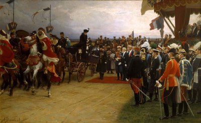 Prezydent Emile Loubet witający cara Mikołaja II i carycę Aleksandrę na manewrach w Betheny, autorstwa Dawant