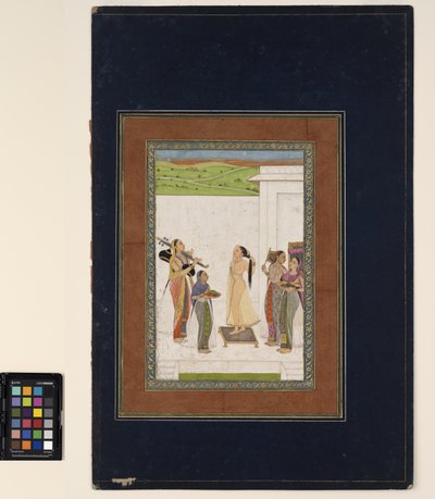 Kobieta kompletująca toaletę, ok. 1725 (nieprzezroczysta akwarela i złoto na papierze, zamontowane na stronie albumu) autorstwa Deccani School