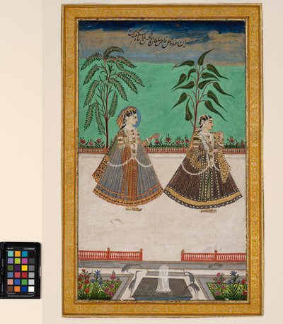 Dwie kobiety z haremu Tany Shah z Golcondy, ok. 1800 (nieprzezroczysta akwarela i złoto na papierze, zamontowane na stronie albumu) autorstwa Deccani School