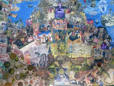 Śmierć kredytu, 2010 (kolaż i technika mieszana na płótnie) autorstwa Deirdre Kelly