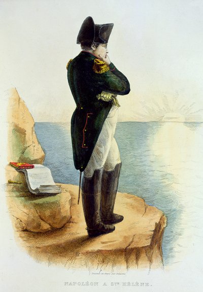 Napoleon na wyspie Świętej Heleny, ilustracja z Le Plutarque Francais autorstwa E. Mennecheta, sztychowana przez Delaistre