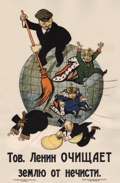 Towarzysz Lenin oczyszcza ziemię ze śmieci Plakat, 1920 autorstwa Deni