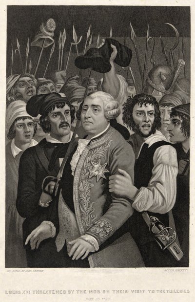 Ludwik XVI zagrożony przez tłum podczas wizyty w Tuileries, 20 czerwca 1792, rycina John Sartain (rycina) autorstwa Denis Auguste Marie (after) Raffet