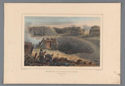 Militairten binnen een bastion, 1832 Wnętrze Bastionu Toledo (tytuł na obiekcie) Rysunki wykonane z życia podczas oblężenia Cytadeli w Antwerpii przez Raffeta (tytuł serii na obiekcie) autorstwa Denis Auguste Marie Raffet
