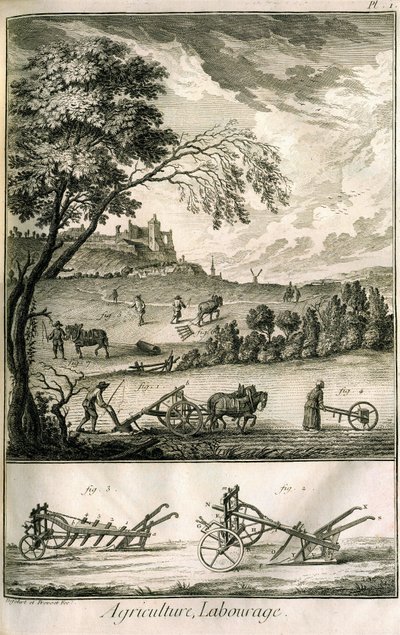 Prace polowe - Rolnictwo, siew, orka. Różne modele walców i pługów: Tabliczka z tomem ilustracji z Encyklopedii Diderota, wydanie oryginalne 1762 autorstwa Denis Diderot