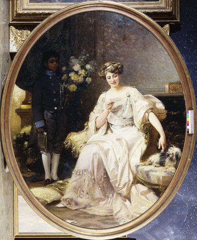 Portret damy, podobno Anna de Noailles, siedząca w pełnej długości, z kartą murzyńską we wnętrzu autorstwa Denis Etcheverry