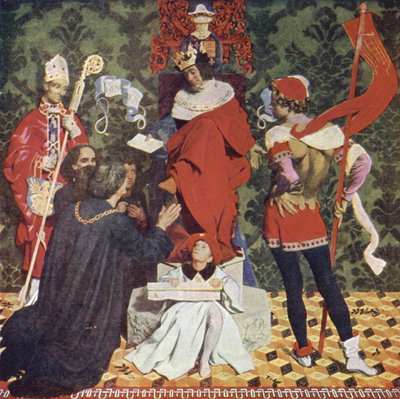John Cabot i jego synowie otrzymujący kartę od króla Henryka VII do żeglowania w poszukiwaniu Nowych Ziem autorstwa Denis William Eden