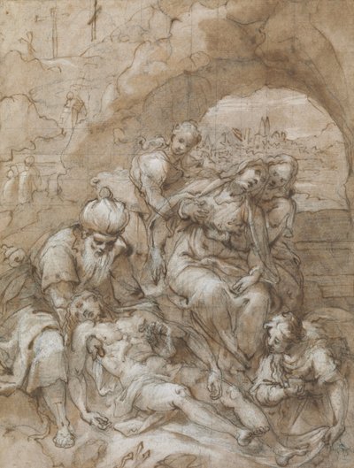 Osadzanie, ok. 1595 (czarna kreda, długopis i brązowy tusz, wc i białe podwyższenie, kwadrat do przeniesienia czarną kredą, na papierze wykładanym) autorstwa Denis Calvaert