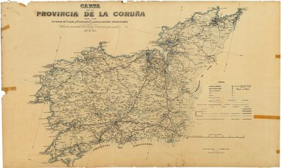 Mapa prowincji A Coruña z drogami państwowymi i wojewódzkimi oraz dotowanymi drogami sąsiedzkimi. Opublikowane za zgodą Ekscelencji. komisja wojewódzka autorstwa Deputación da Coruña