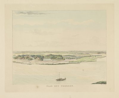 Widok na Waal na północ od Nijmegen Na północ (tytuł na obiekcie) Zabytki wokół miasta Nijmegen (tytuł serii) Panorama Geldersch lub okrągły widok życia narysowany na belwederze w Nymegen (tytuł serii) autorstwa Derk Anthony van de Wart