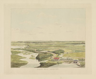 Widok na krajobraz na wschód od Nijmegen Na wschód (tytuł na obiekcie) Zabytki wokół miasta Nijmegen (tytuł serii) Panorama Geldersch lub okrągły widok życia narysowany na belwederze w Nymegen (tytuł serii) autorstwa Derk Anthony van de Wart