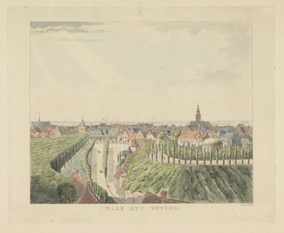 Nijmegen, widok z Belwederu na zachód Na Zachód (tytuł na obiekcie) Zabytki wokół miasta Nijmegen (tytuł serii) Panorama Geldersch lub okrągły widok życia narysowany na belwederze w Nymegen (tytuł serii) autorstwa Derk Anthony van de Wart