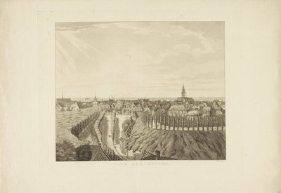 Nijmegen, widok z Belwederu na zachód Na Zachód (tytuł na obiekcie) Zabytki wokół miasta Nijmegen (tytuł serii) Panorama Geldersch lub okrągły widok życia narysowany na belwederze w Nymegen (tytuł serii) autorstwa Derk Anthony van de Wart