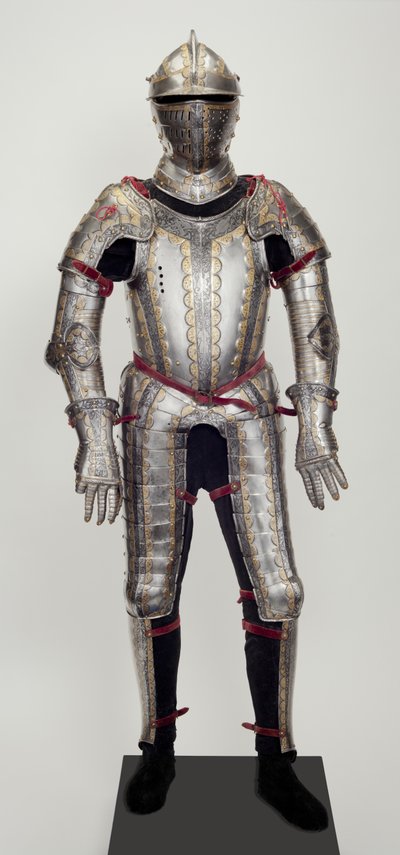 Zbroja polowa, z garnituru, prawdopodobnie wykonana dla Ludwiga Ungnada von Weissenwolfa auf Sunegg, ok.1552 (stal z tłoczonymi, trawionymi, czernionymi i złoconymi zdobieniami, z nowoczesnym mosiądzem, aksamitem, skórą i stalą) autorstwa Desiderius Helmschmid