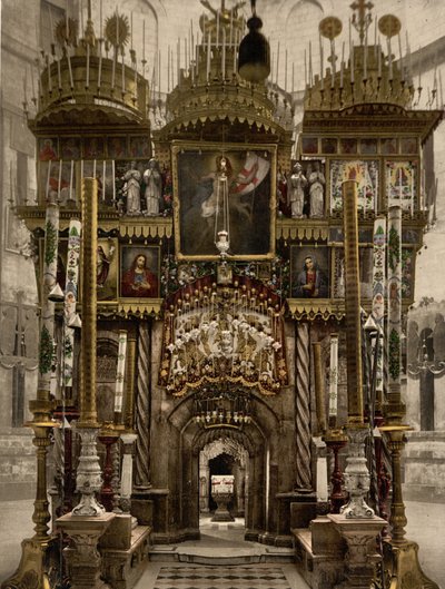 Wnętrze Grobu Świętego, Jerozolima, Ziemia Święta, ok. 1890-ok. 1900 (odbitka fotochromowa) autorstwa Detroit Photographic Co.