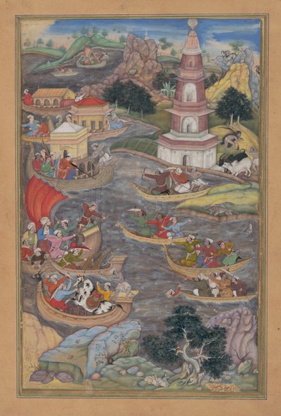 Aleksander walczy w bitwie morskiej, Folio z Kwintetu Khamsa Amira Khusrau Dihlavi, 1597-98. autorstwa Dharmadas