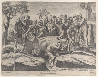Marek Atilius Regulus w beczce, podczas gdy dwóch mężczyzn wbija gwoździe, różne fi..., 1555-77. autorstwa Diana Mantuana