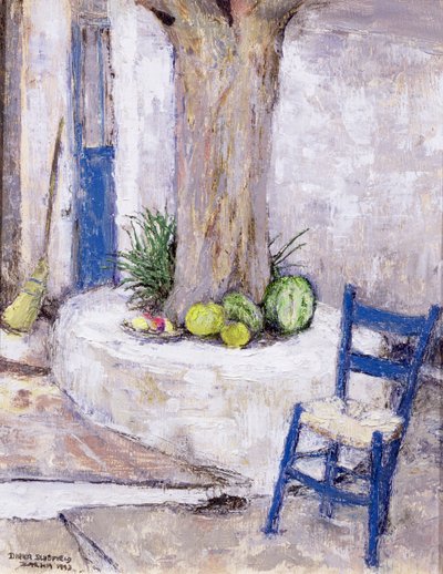 Niebieskie krzesło przy drzewie, 1993 (tablica) autorstwa Diana Schofield