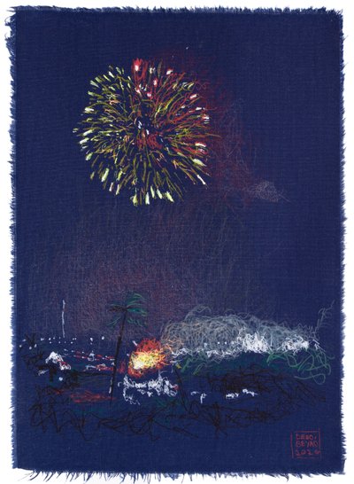 Artifices on Independence Day, 2025 (akryl, tusz i ołówek na tkaninie) autorstwa Diego Beyro