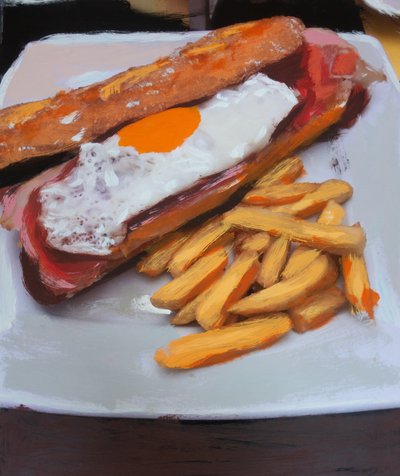 Bocata con huevo y patatas fritas, 2018 (farba akrylowa na wydrukowanym zdjęciu) autorstwa Diego Beyro