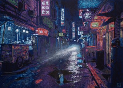 Callejón HK, 2025 (akryl, tusz i ołówek na tkaninie) autorstwa Diego Beyro