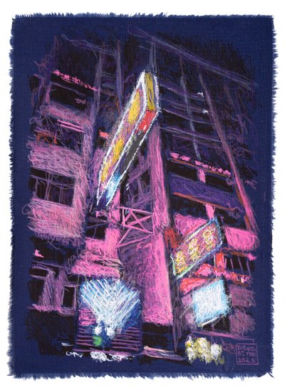 Callejón HK, 2025 (akryl, tusz i ołówek na tkaninie) autorstwa Diego Beyro