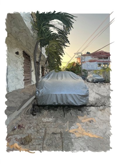 Samochód wyłożony terakotą, 2022 (grafika cyfrowa wykonana na iPadzie) autorstwa Diego Beyro