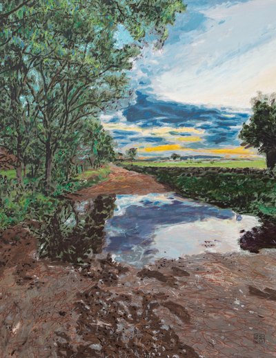 Kałuża w pobliżu Balzada de Bejar, 2025 (akryl i ołówek na płótnie) autorstwa Diego Beyro