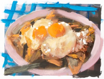 Chilaquiles con pollo y huevo, 2018 (farba akrylowa na wydrukowanym zdjęciu) autorstwa Diego Beyro