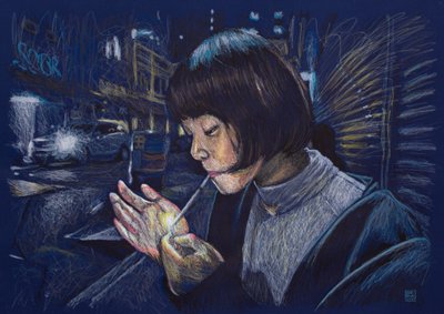 Christy con mechero, 2025 (akryl, tusz i ołówek na tkaninie) autorstwa Diego Beyro