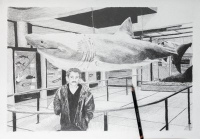 Dieguito i rekin, 2020 (ołówek na papierze) autorstwa Diego Beyro