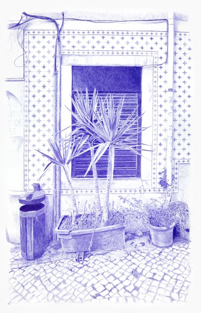 Niebieski narożnik w Lizbonie, 2024 (tusz na płótnie) autorstwa Diego Beyro