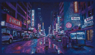 Bodźce na alei w HK, 2025 (akryl, tusz i ołówek na tkaninie) autorstwa Diego Beyro