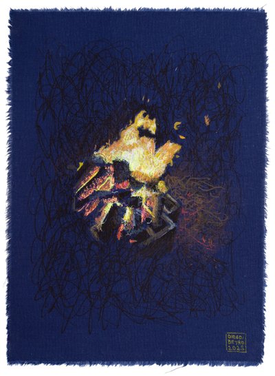 Ogień z bliska przed pirotechniką, 2025 (akryl, tusz i ołówek na tkaninie) autorstwa Diego Beyro