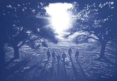 Ja i moi bracia i rodzeństwo w słońce, 2025 (akryl, pióro i ołówek na tkaninie) autorstwa Diego Beyro