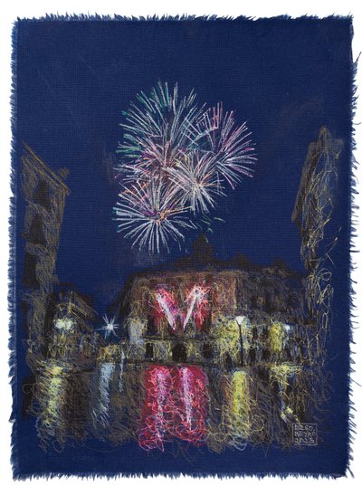 Mundial de pirotecnia en San Sebastian, 2025 (akryl, tusz i ołówek na tkaninie) autorstwa Diego Beyro