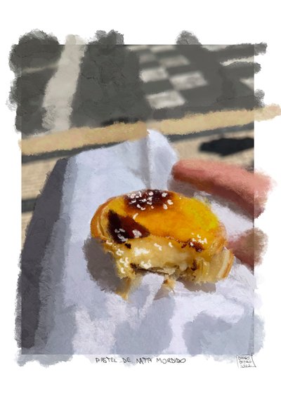 Pastel de nata mordido, 2022 (grafika cyfrowa wykonana na iPadzie) autorstwa Diego Beyro