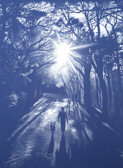 Roma y yo hacia el sol, 2025 (akryl, tusz i ołówek na tkaninie) autorstwa Diego Beyro