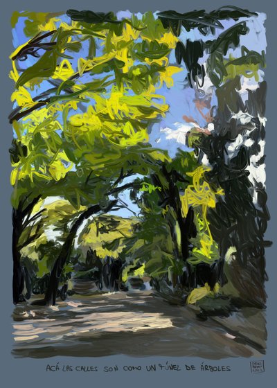 Tunel drzew, 2022 (grafika cyfrowa wykonana na iPadzie) autorstwa Diego Beyro