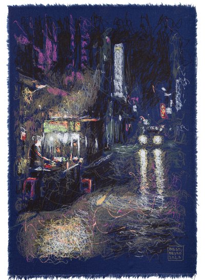 Volviendo albergue en Tailandia, 2025 (akryl, tusz i ołówek na tkaninie) autorstwa Diego Beyro