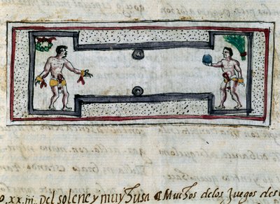 Aztekowie grający w pelotę, miniatura z Historii Indii (Historia de las Indias) Diego Durana (1537-1588), rękopis z 1579 autorstwa Diego Duran