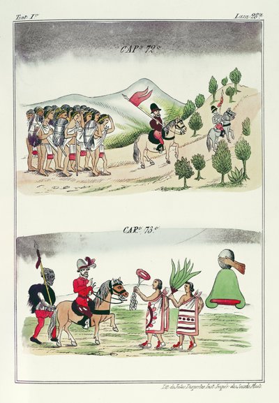 Cap 72 i Cap 73, ilustracje z „Historia de las Indias de Nueva Espana y Islas de tierra firme”, z tablicami autorstwa Jules Desportes, Meksyk, 1867-80 autorstwa Diego Duran