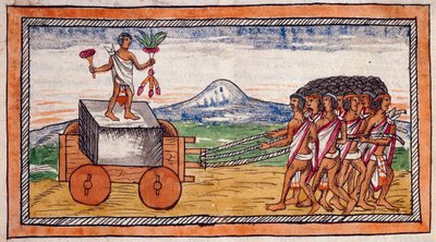 Aztekowie przewożący kamienie do budowy swoich miast, akwarela stretch z Historii Indii Diego Durana (1537-1588), rękopis, folio 188 recto autorstwa Diego Duran