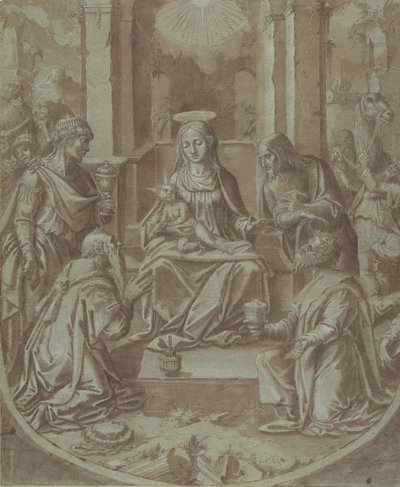 Adoracja Trzech Króli do haftu, 1587-89. autorstwa Diego Lopez de Escuriaz.