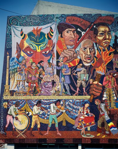 Hidalgo, Morelos i Juarez, bohaterowie walki o niepodległość, szczegół mozaiki na fasadzie Teatru Powstańców, miasto Meksyk. Meksyk, XX wiek. autorstwa Diego Rivera