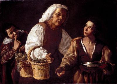 Dwaj Chłopcy i Stara Kobieta Owoców lub Stary Sprzedawca Owoców (Dwóch Chłopców i Stary Sprzedawca Owoców). Obraz Diego Rodrigueza autorstwa Silvy Velazqueza (Velasquez autorstwa Diego Rodriguez de Silva y (attr. to) Velazquez