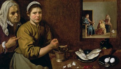 Scena kuchenna z Chrystusem w Domu Marty i Marii, ok. 1618 (olej na płótnie) autorstwa Diego Velázquez